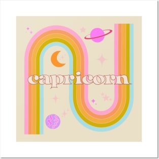 Capricorn 70s Rainbow with planets Posters and Art